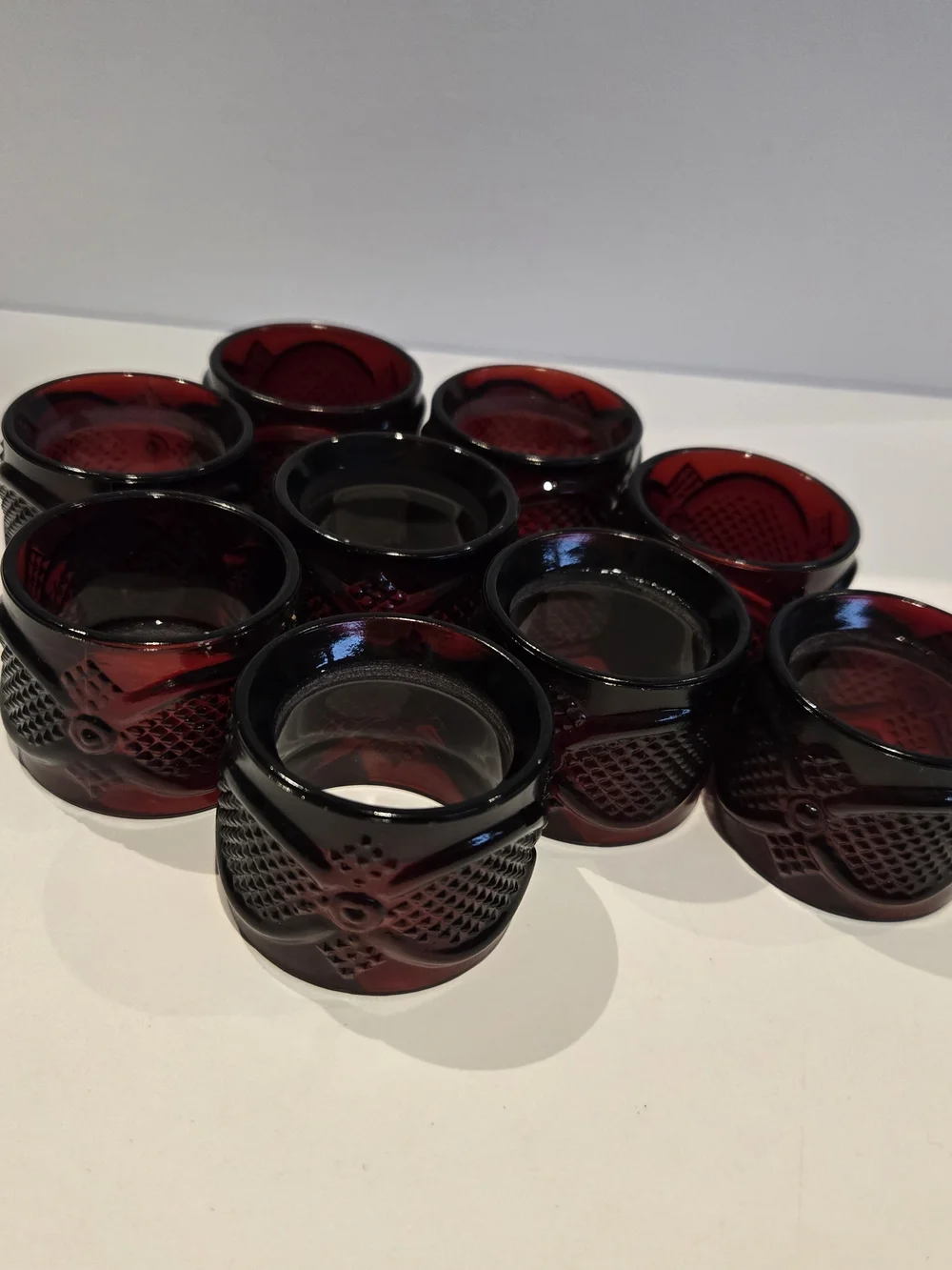 Avon 1876 Cape Cod Ruby Red Napkin Rings, Vintage, Set of 9 Glass Holders